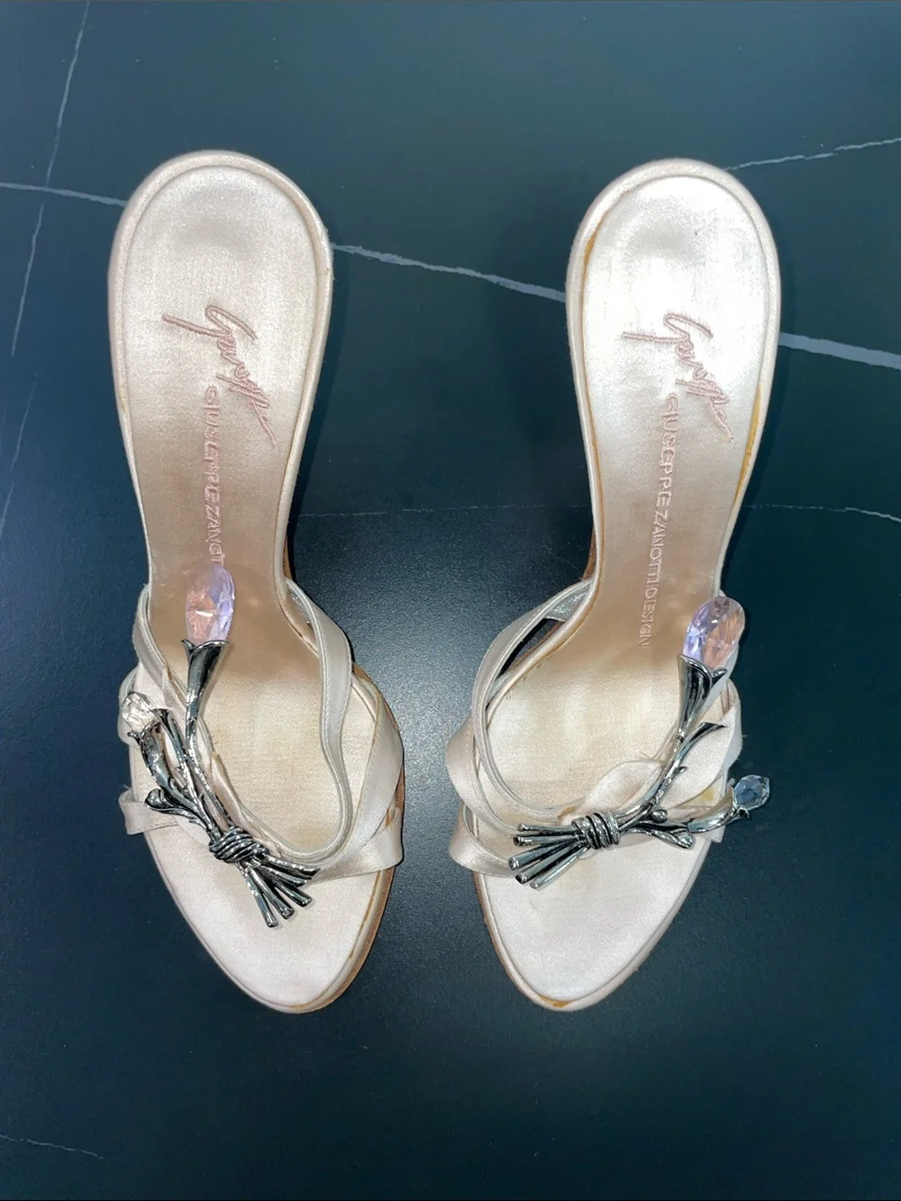 GUISEPPE ZANOTTI CRYSTAL AND SILVER TONE CHAMPAGNE SATIN HEEL MULES FTL-08-203